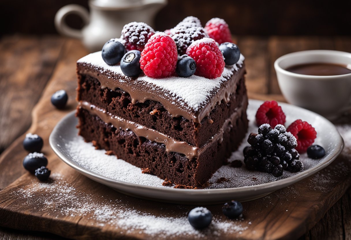 Um bolo de chocolate decadente repousa sobre uma mesa de madeira rústica, adornado com frutas vermelhas frescas e uma camada de açúcar de confeiteiro. O rico aroma de cacau enche o ar, atraindo qualquer um que vislumbre a sobremesa indulgente.