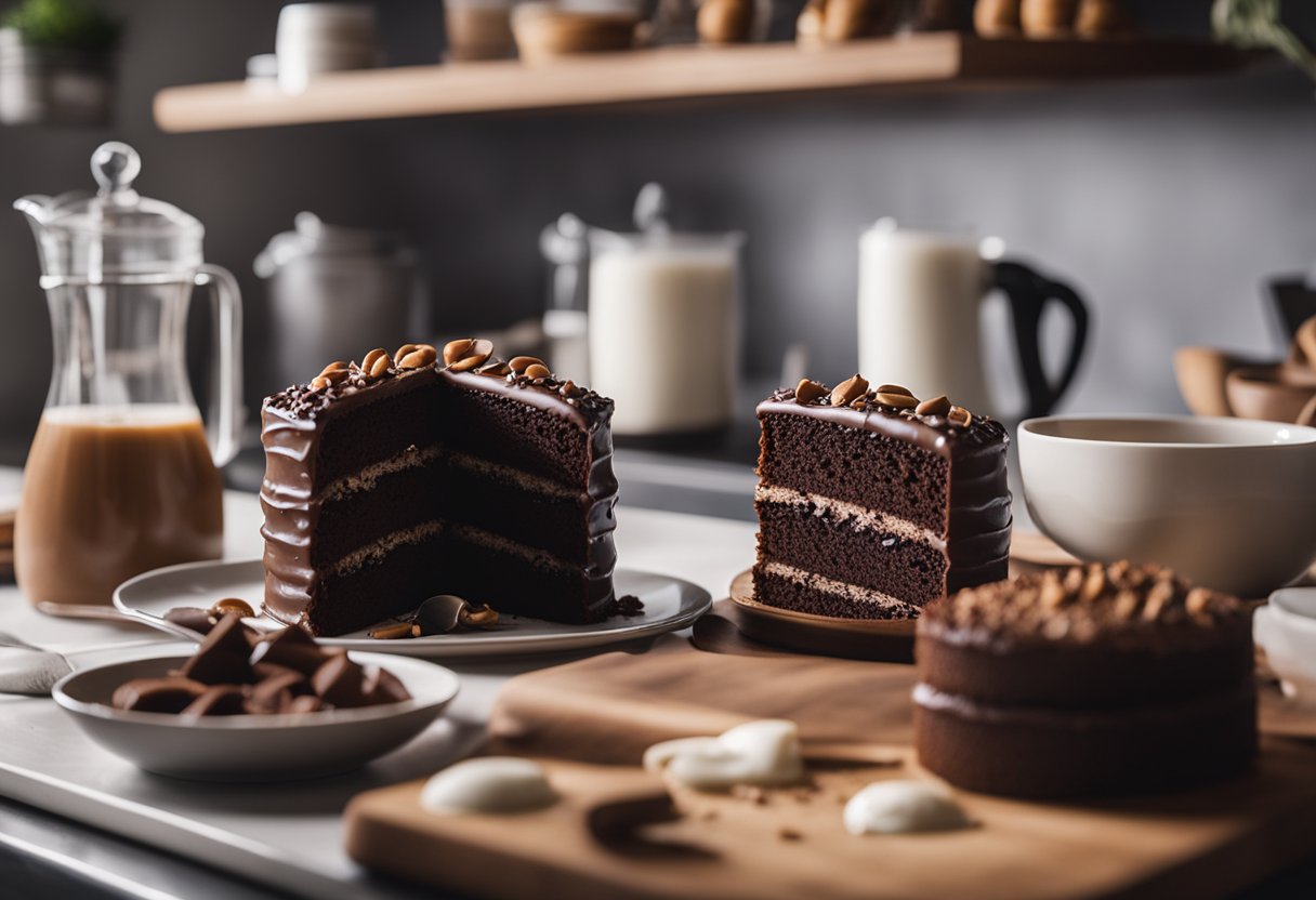 Um bolo de chocolate sendo feito com ingredientes alternativos, como substitutos do açúcar e opções mais saudáveis, em uma cozinha limpa e iluminada.