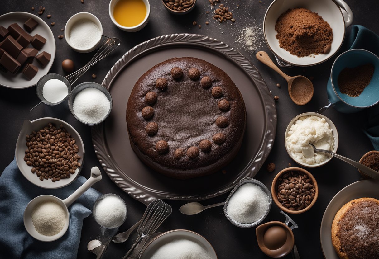 Um bolo de chocolate sendo assado com ingredientes sem açúcar, cercado por vários utensílios de cozinha e ingredientes.