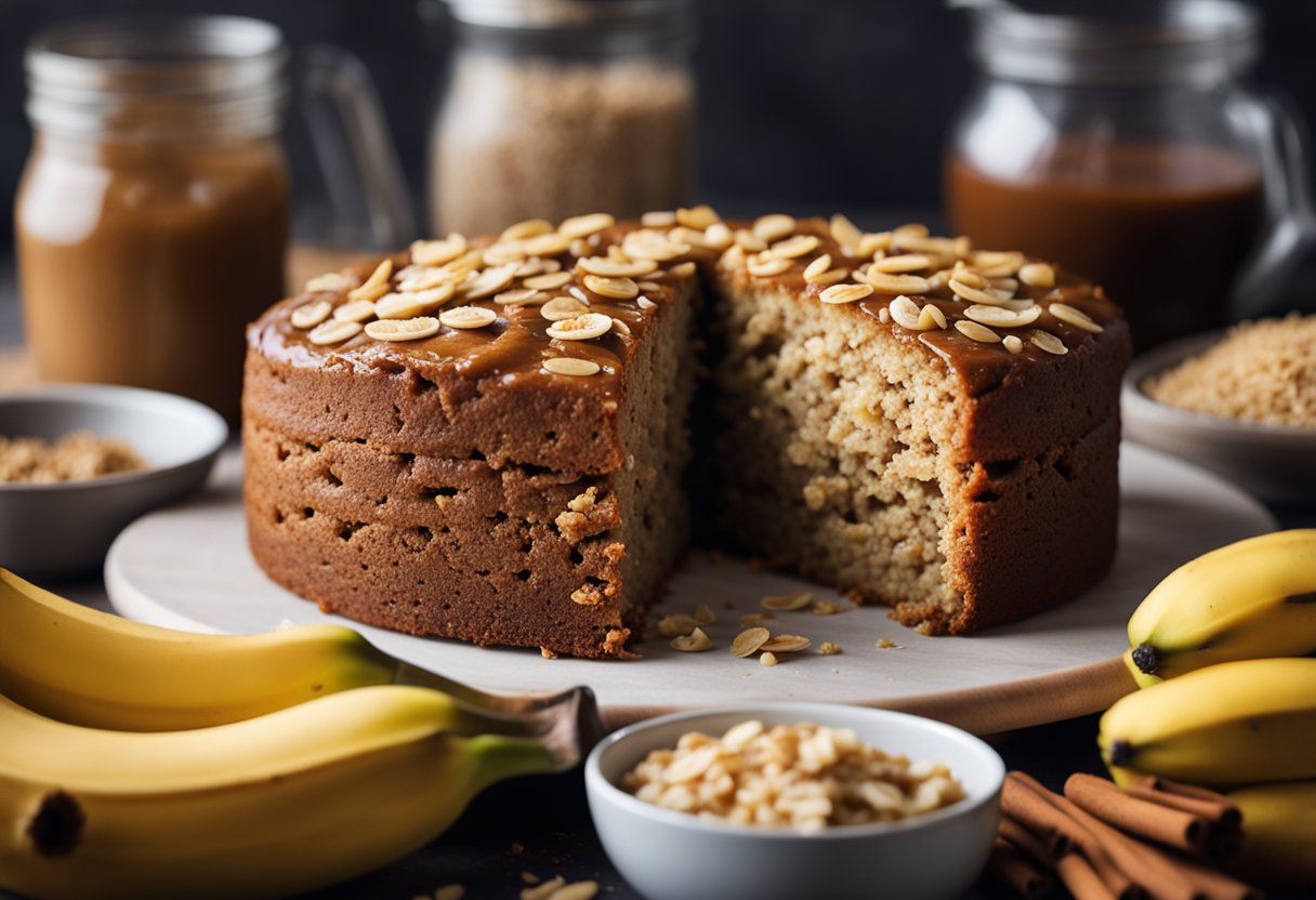 Uma bancada de cozinha rústica com um bolo de aveia e banana recém-assado, cercado por ingredientes espalhados como bananas, aveia e canela.