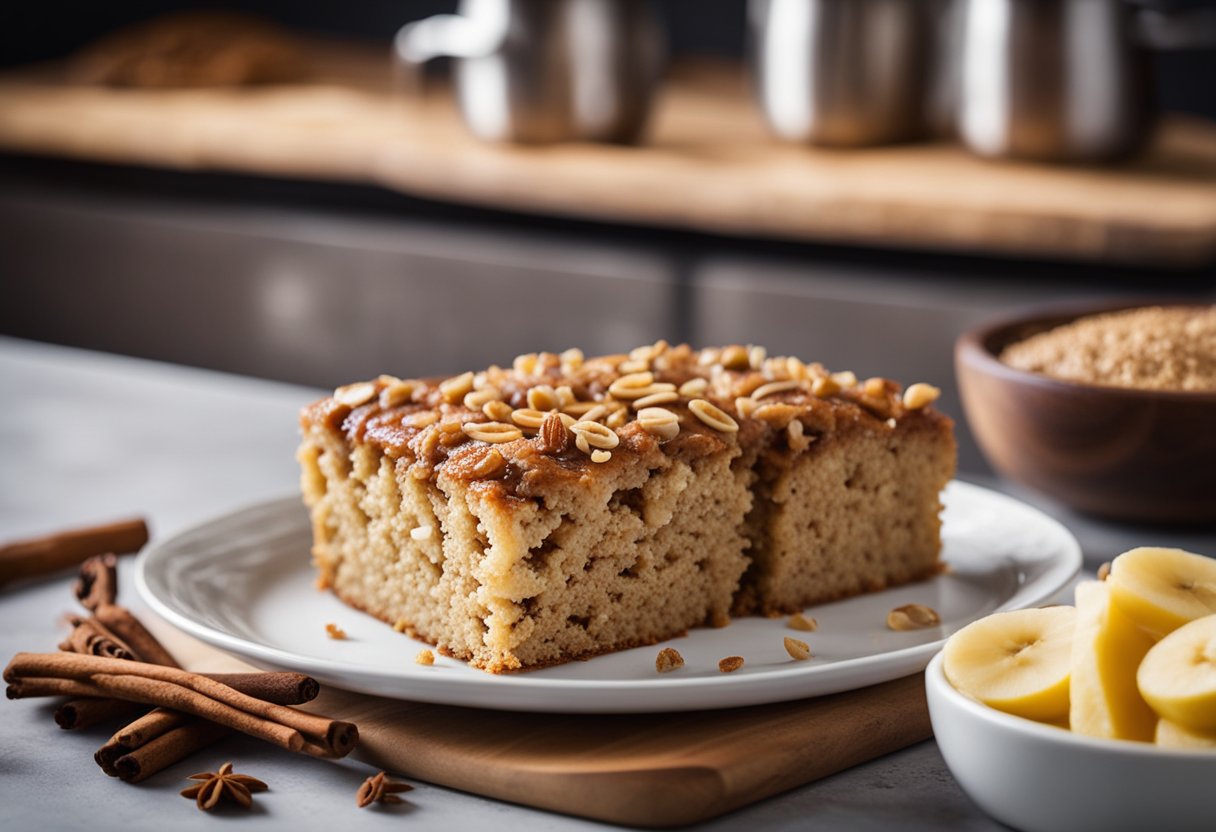 Uma bancada de cozinha rústica exibe um bolo de aveia com banana recém-assado, cercado por paus de canela espalhados e bananas maduras.