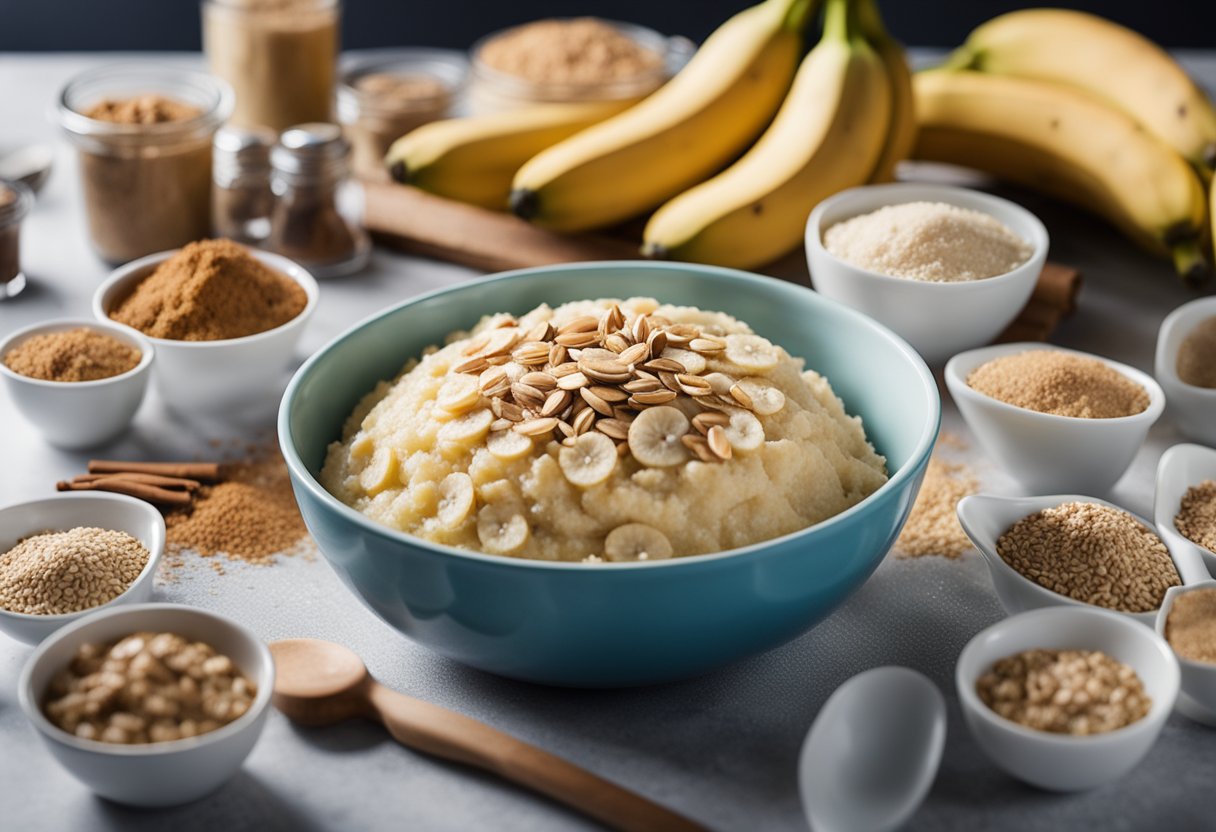 Uma tigela de mistura cheia de bananas amassadas, aveia e canela, cercada por copos e colheres de medição, pronta para ser combinada em um bolo de banana sem açúcar.