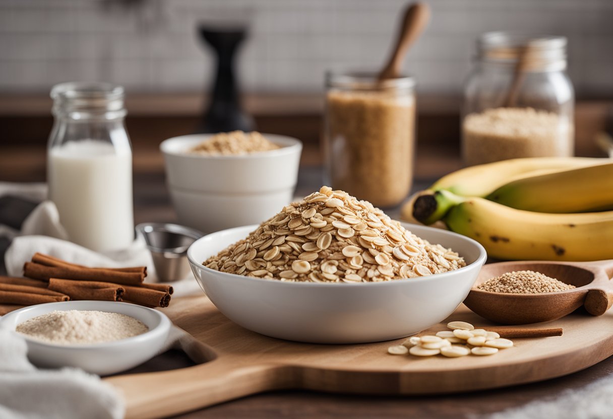 Uma bancada de cozinha com ingredientes como bananas, aveia e canela, ao lado de utensílios de confeitaria. Um livro de receitas aberto em uma página intitulada "Alternativas e Adaptações na Receita de Bolo de Aveia e Canela Sem Açúcar."