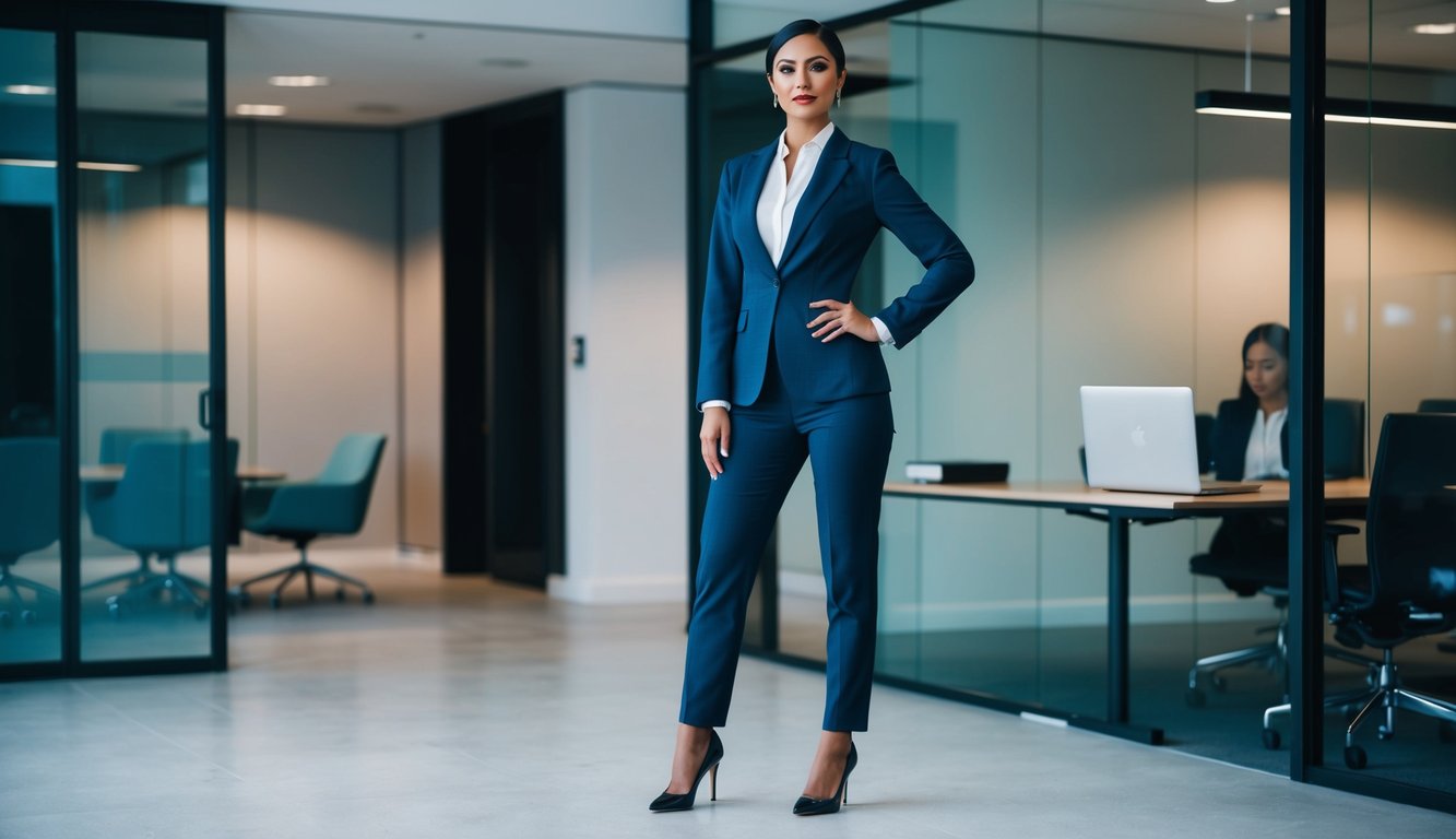 A well-dressed woman standing confidently in a modern office setting, wearing a tailored suit and heels, with a sleek hairstyle and minimal accessories