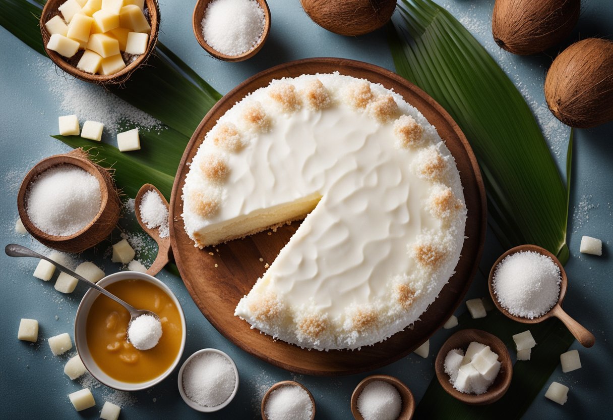 Um bolo de coco sendo preparado com ingredientes sem açúcar, cercado por cocos frescos e uma tigela de adoçantes naturais