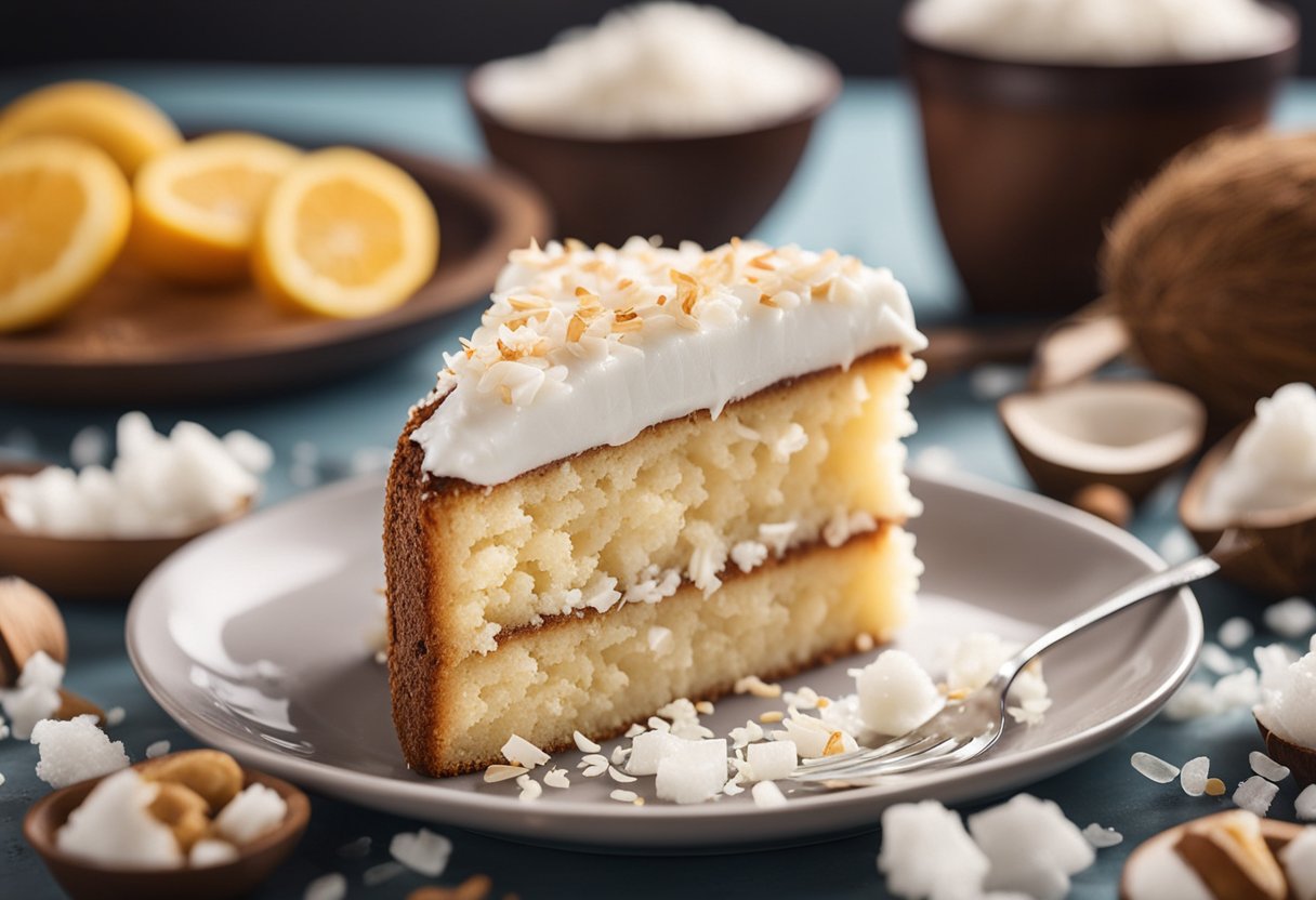 Uma mesa posta com um bolo de coco recém-assado, cercado por ingredientes como flocos de coco e adoçante.