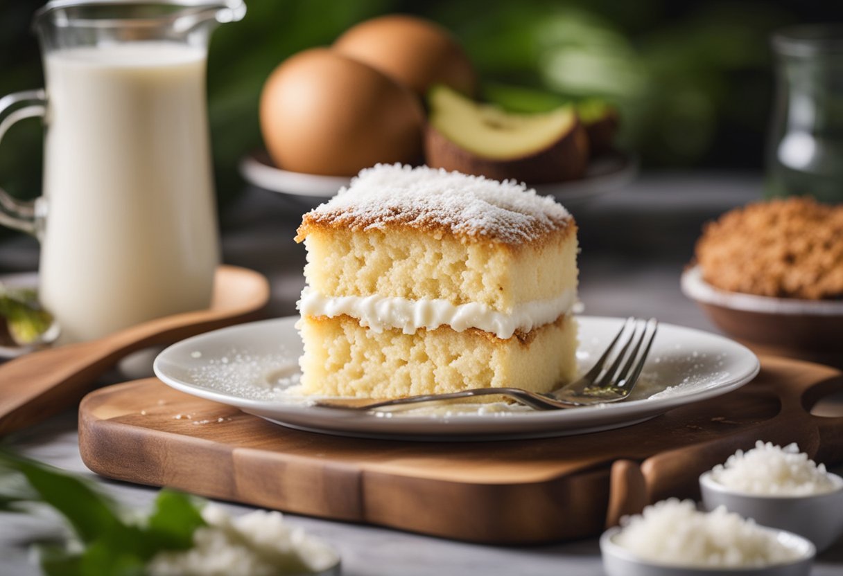 Um bolo de coco sendo feito com ingredientes sem açúcar, incluindo farinha de coco, ovos e leite de coco. Uma opção de sobremesa saudável e deliciosa.