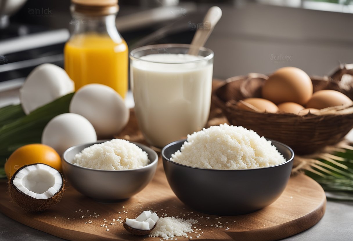 Uma bancada de cozinha com ingredientes para um bolo de coco sem açúcar, incluindo farinha de coco, ovos, leite de coco e uma tigela para misturar.