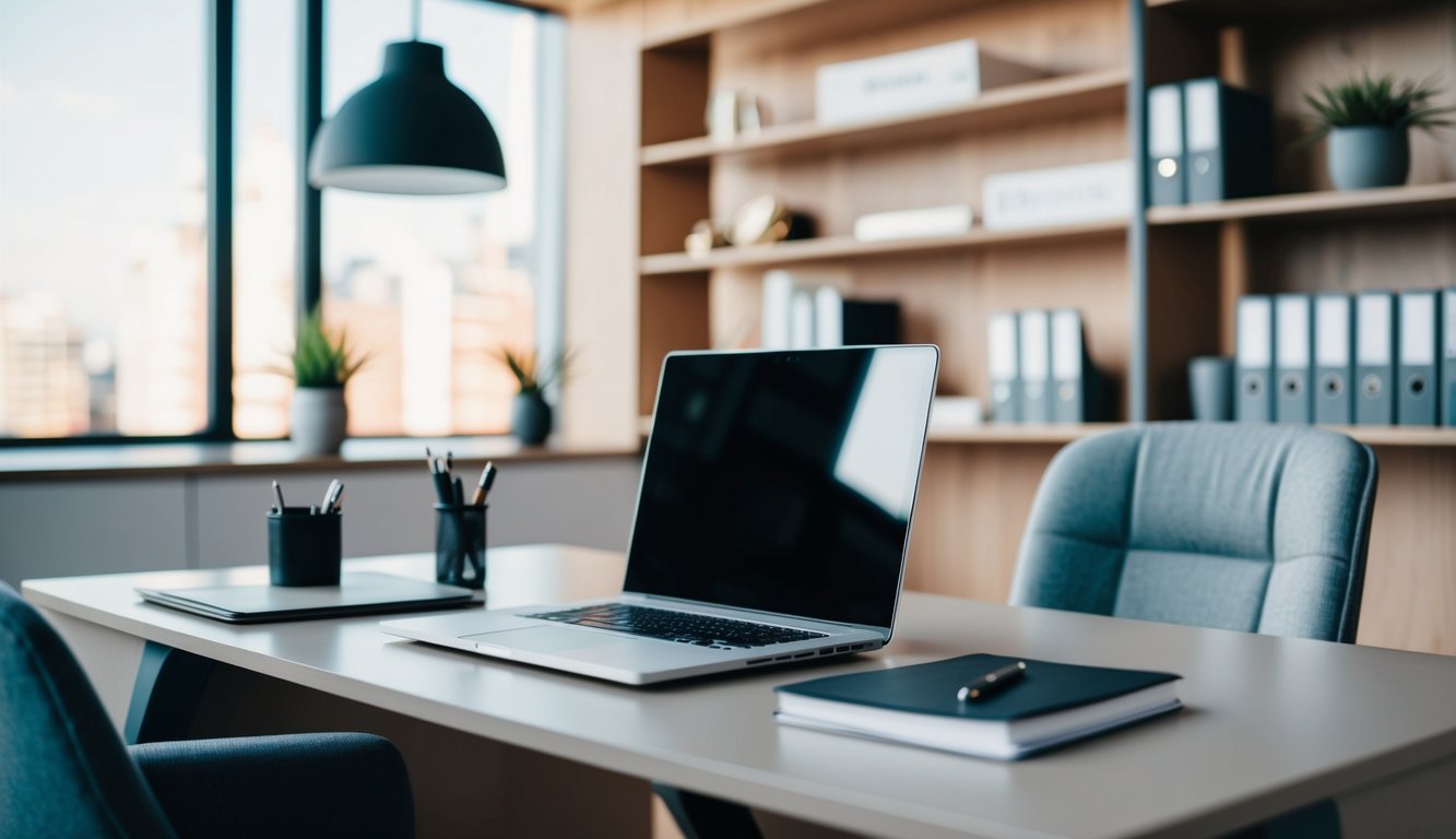 A sleek office desk with a laptop, stylish stationary, and a cozy chair