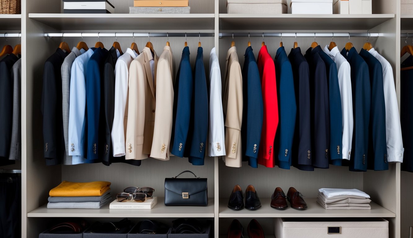 A well-organized closet with neatly hung blazers, tailored trousers, and stylish accessories