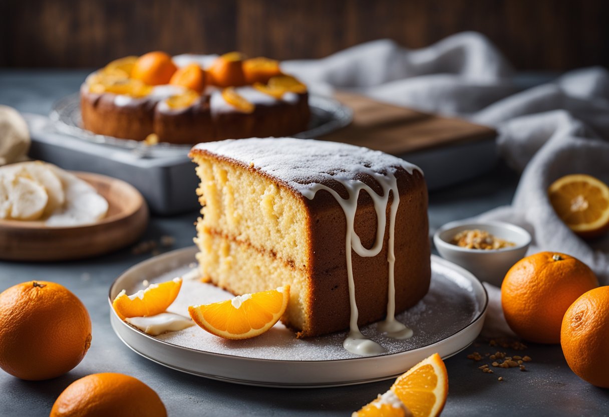 Um bolo de dieta de laranja recém-assado esfriando em uma grade, cercado por raspas de laranja espalhadas e algumas laranjas inteiras.