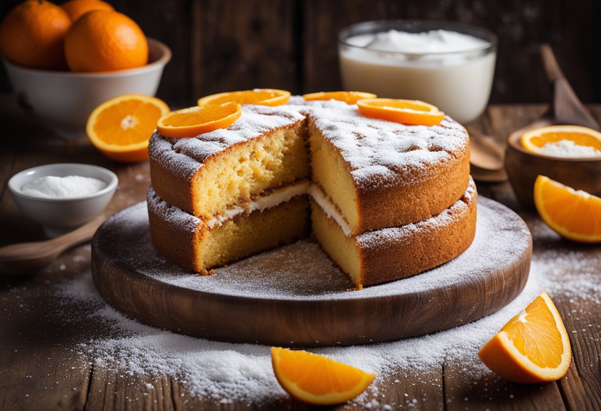 Um bolo de laranja recém-assado repousa sobre uma mesa de madeira rústica, rodeado por fatias vibrantes de laranja e uma pitada de açúcar de confeiteiro.