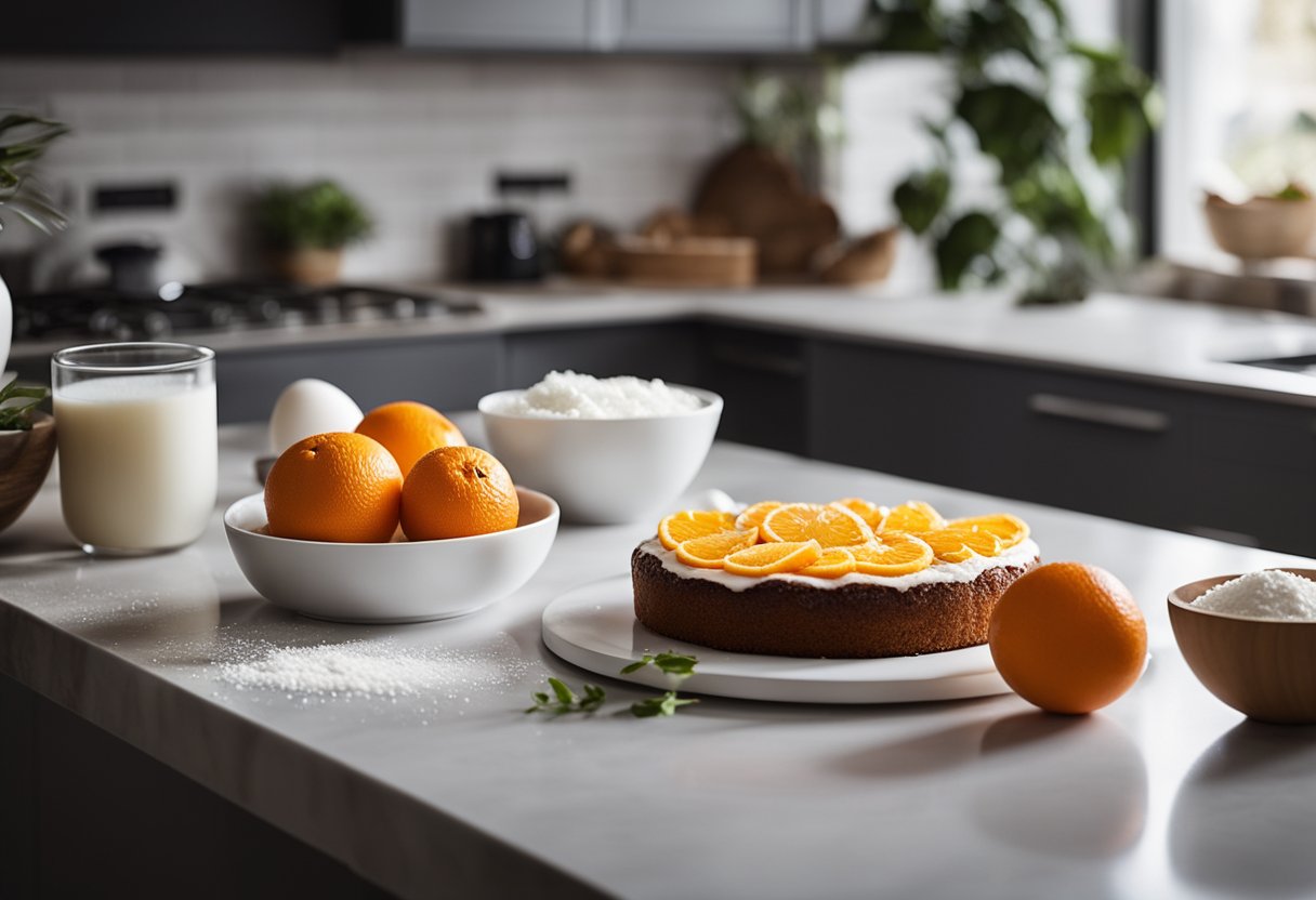 Uma bancada de cozinha com ingredientes para um bolo de laranja sem açúcar, incluindo laranjas, farinha, ovos e uma tigela de mistura.