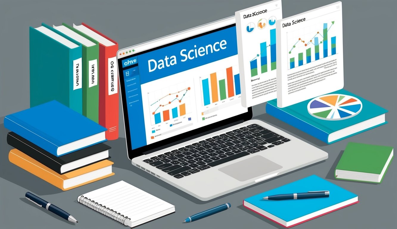 A laptop surrounded by books on data science, with a notepad and pen beside it.</p><p>Graphs and charts displayed on the screen