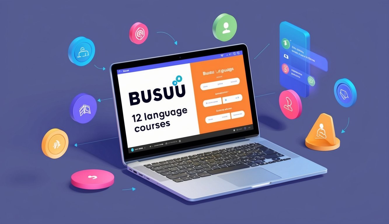 A laptop displaying Busuu's 12 language courses, surrounded by colorful icons and interactive elements