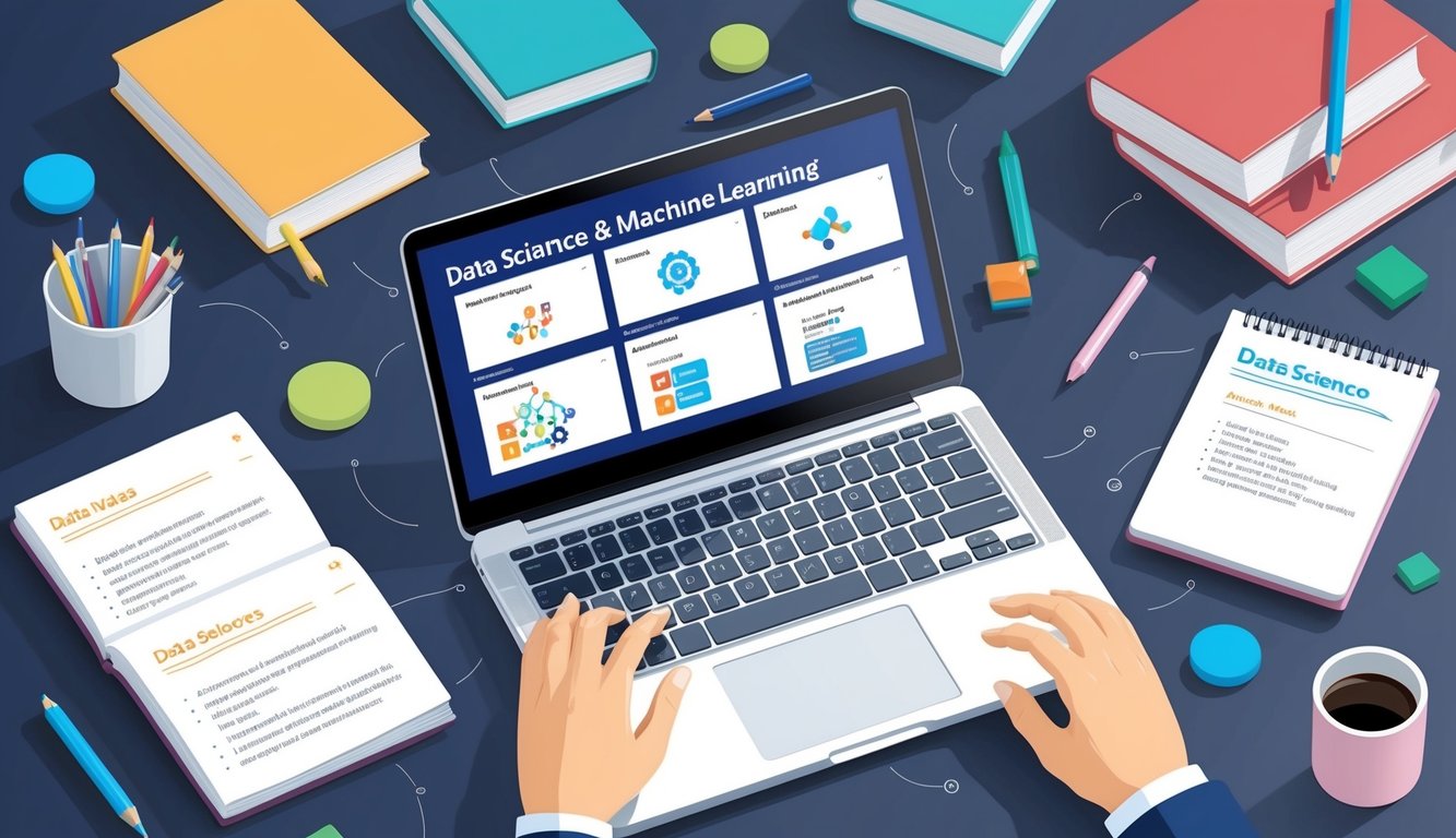 A laptop displaying various data science and machine learning course options, surrounded by books and notes