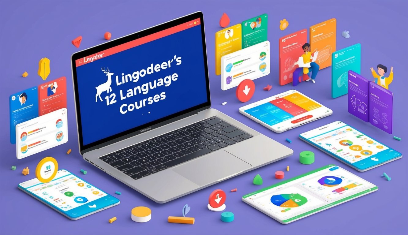 A laptop open to Lingodeer's 12 language courses, surrounded by colorful illustrations and interactive exercises