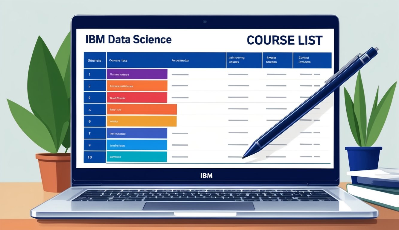 A laptop displaying the IBM Data Science course list with a stylus pointing at the screen