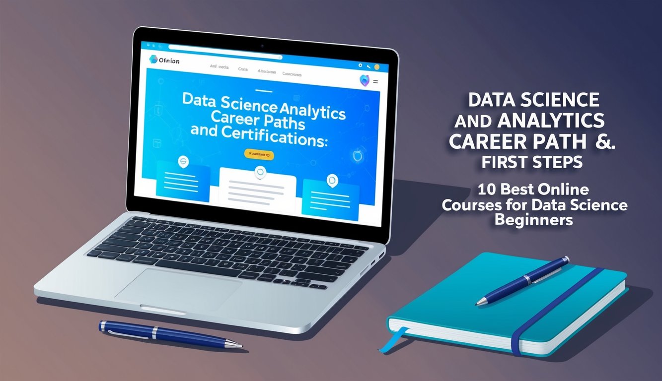 A laptop displaying a webpage with the title "Data Science and Analytics Career Paths and Certifications: First Steps 10 best online courses for data science beginners".</p><p>A notebook and pen beside it