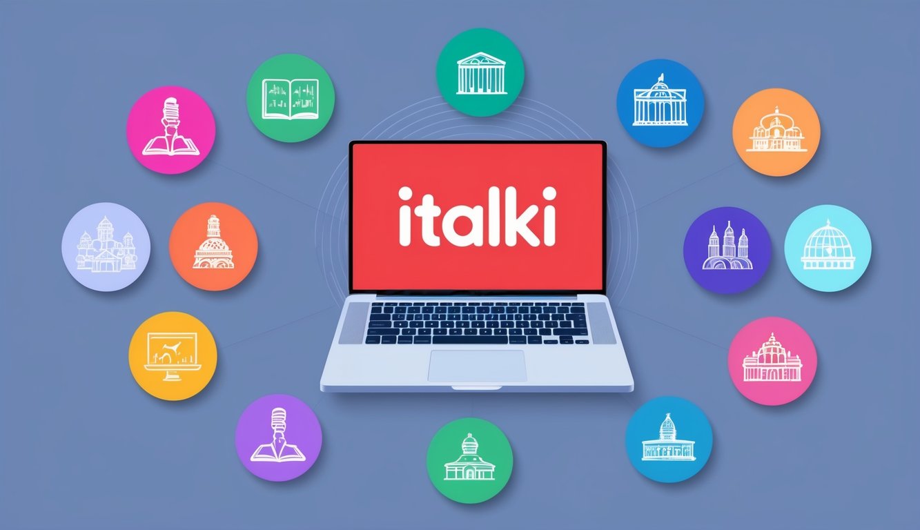 A laptop surrounded by 12 colorful icons representing different language courses on the italki platform