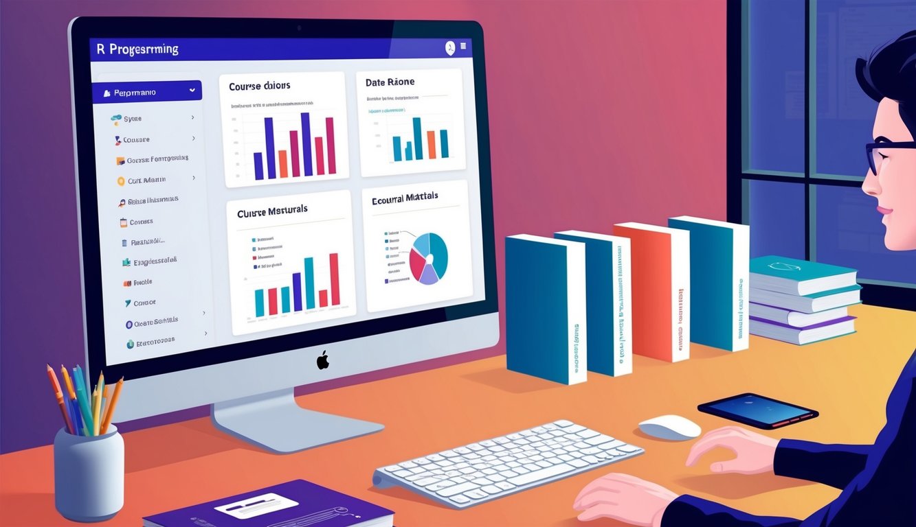 A computer screen displaying R programming course options with data science materials and exercises