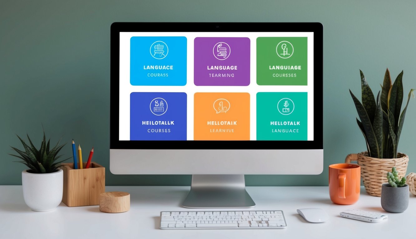 A computer screen displaying 12 colorful icons representing different language learning courses on the HelloTalk website