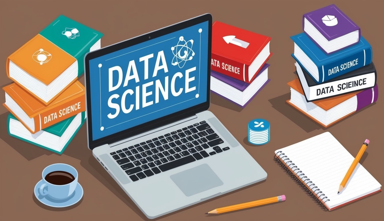 A laptop surrounded by books on data science, with a pencil and notebook nearby.</p><p>A cup of coffee sits on the table