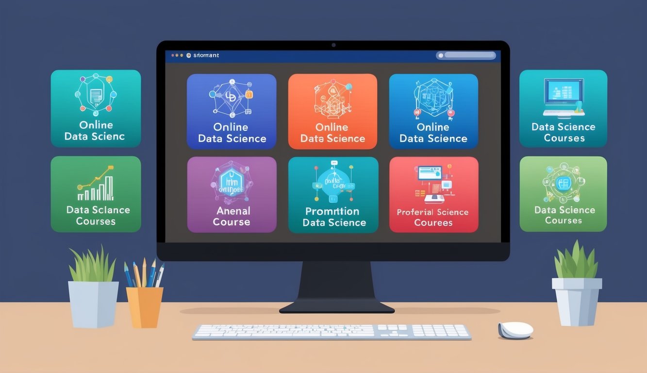 A computer screen displaying 10 icons of online data science courses with varying titles and graphics