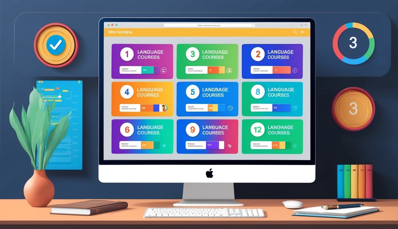 A computer screen displaying 12 interactive language learning courses with colorful icons and progress bars