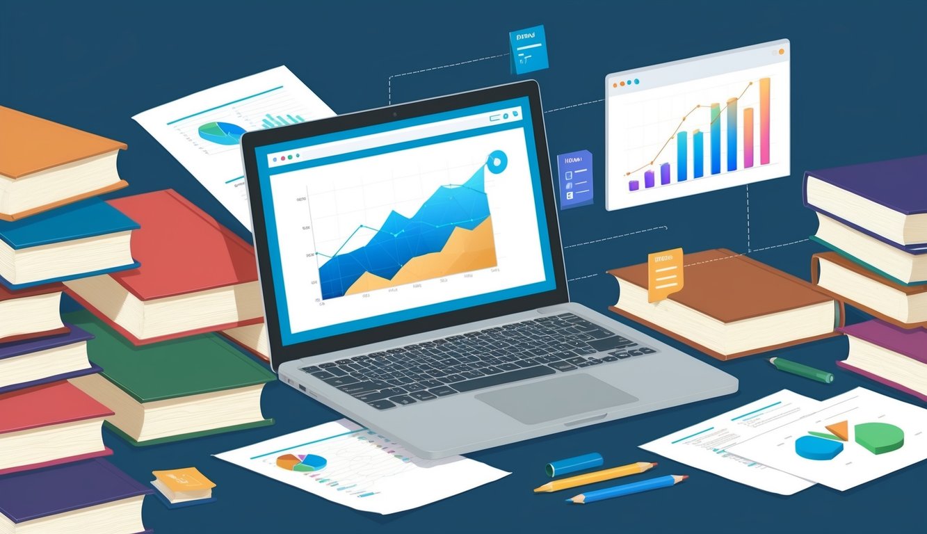 A laptop surrounded by books and papers, with a graph and data visualization on the screen