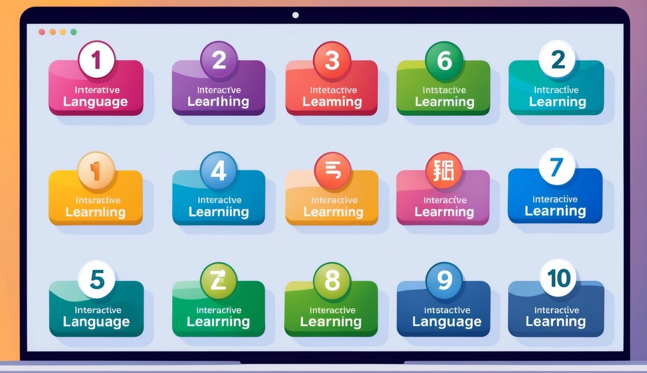 A computer screen displaying 12 colorful icons representing interactive language learning courses.</p><p>Each icon is labeled with the course title