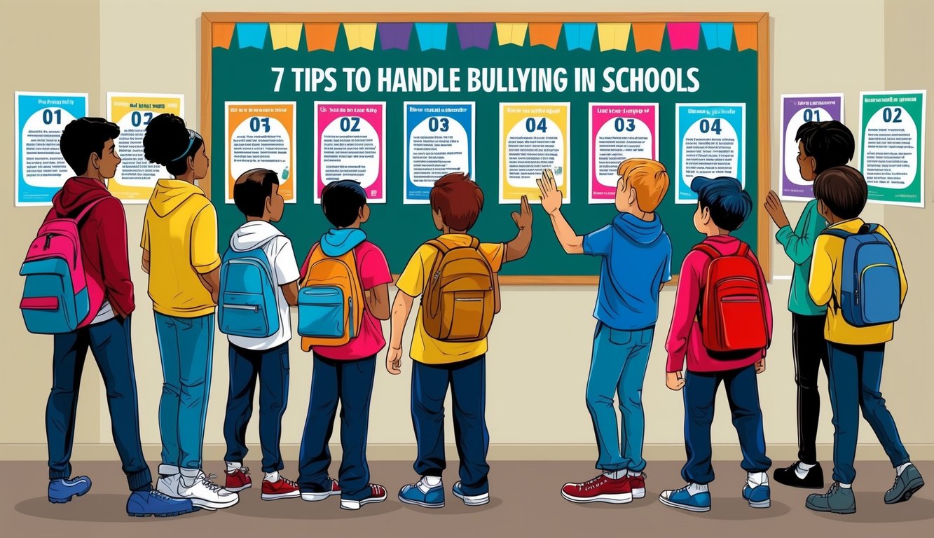 A group of students standing around a bulletin board with colorful posters displaying the 7 tips to handle bullying in schools