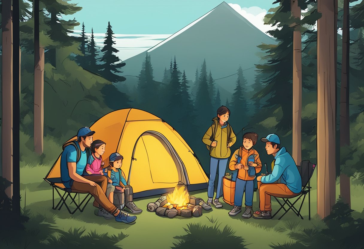 A family camping in the woods, relying on a portable generator to power their campsite during an emergency