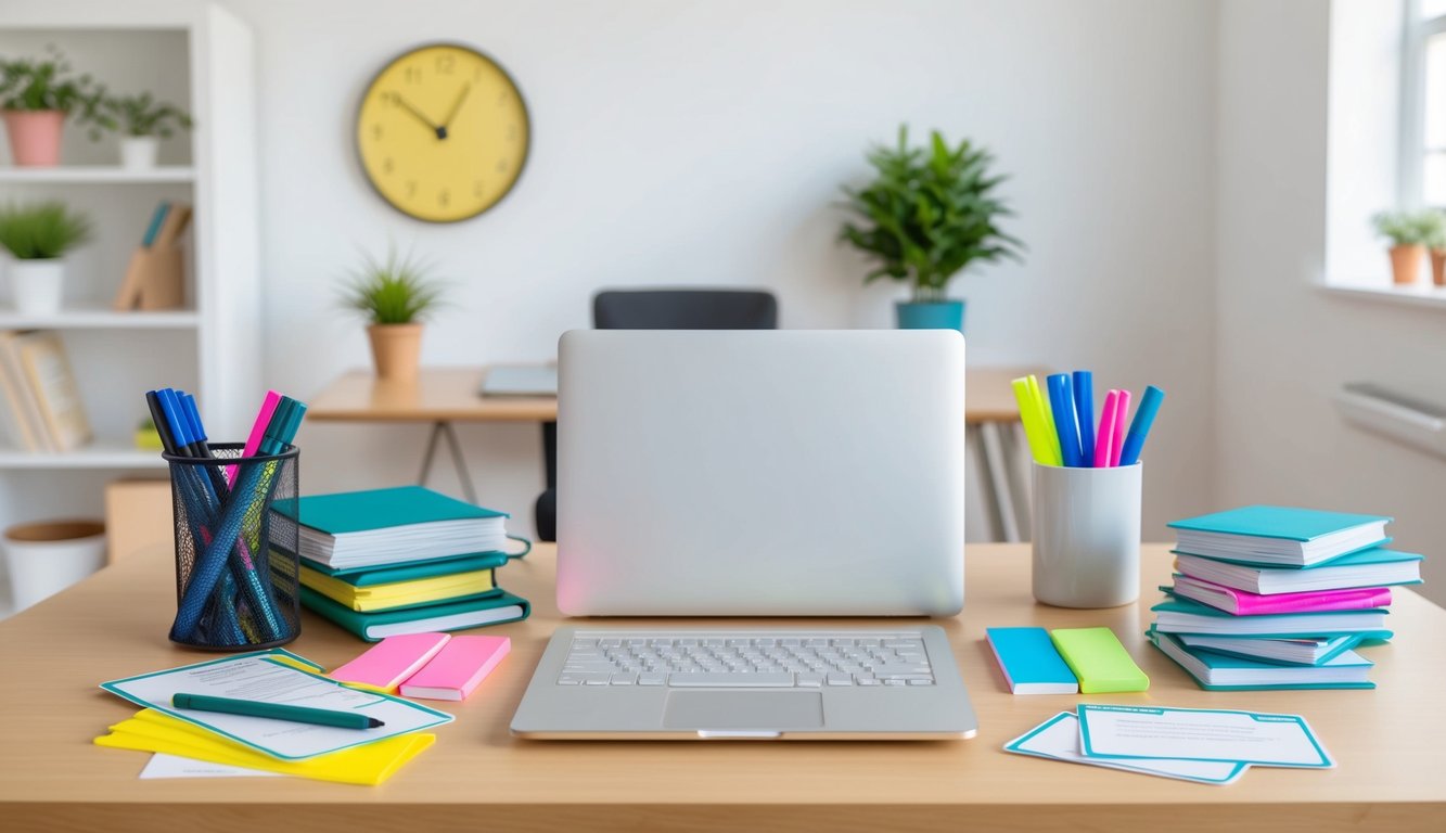 A desk with organized study materials, a laptop, highlighters, and flashcards.</p><p>A bright, well-lit room with a clock on the wall