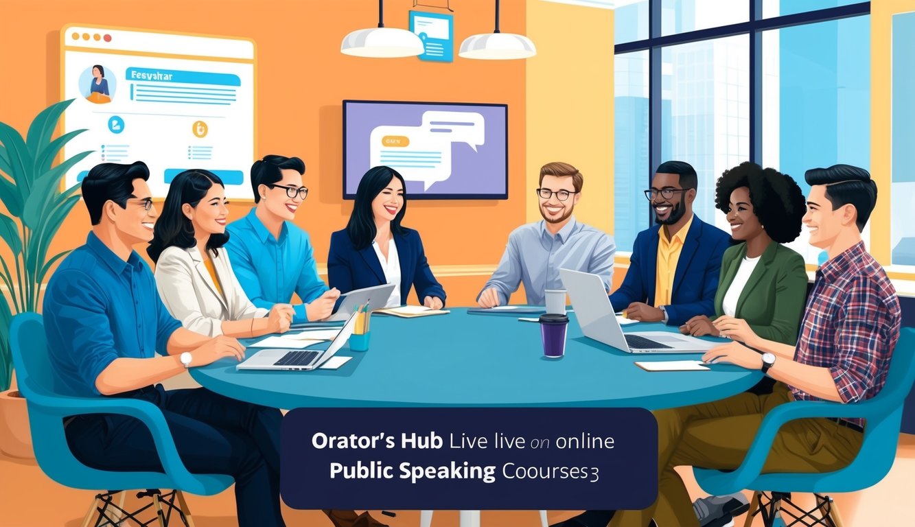 A group of individuals engage in live feedback sessions at Orator's Hub, participating in online public speaking courses