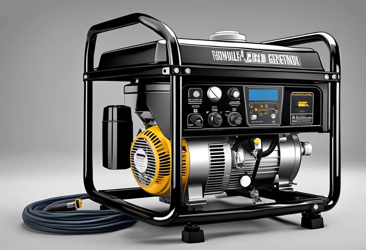 A portable generator sits on a sturdy base, with clear safety instructions and maintenance tools nearby