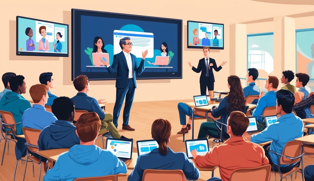 A virtual classroom setting with a presenter speaking to an audience, with interactive feedback sessions