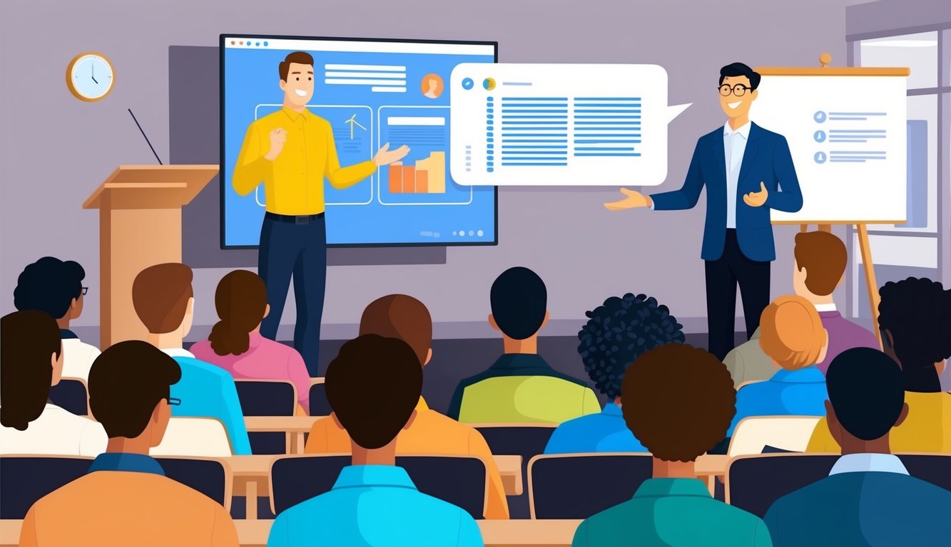 A virtual public speaking class with a live feedback session, where a speaker is presenting to an audience and receiving real-time critiques from the instructor