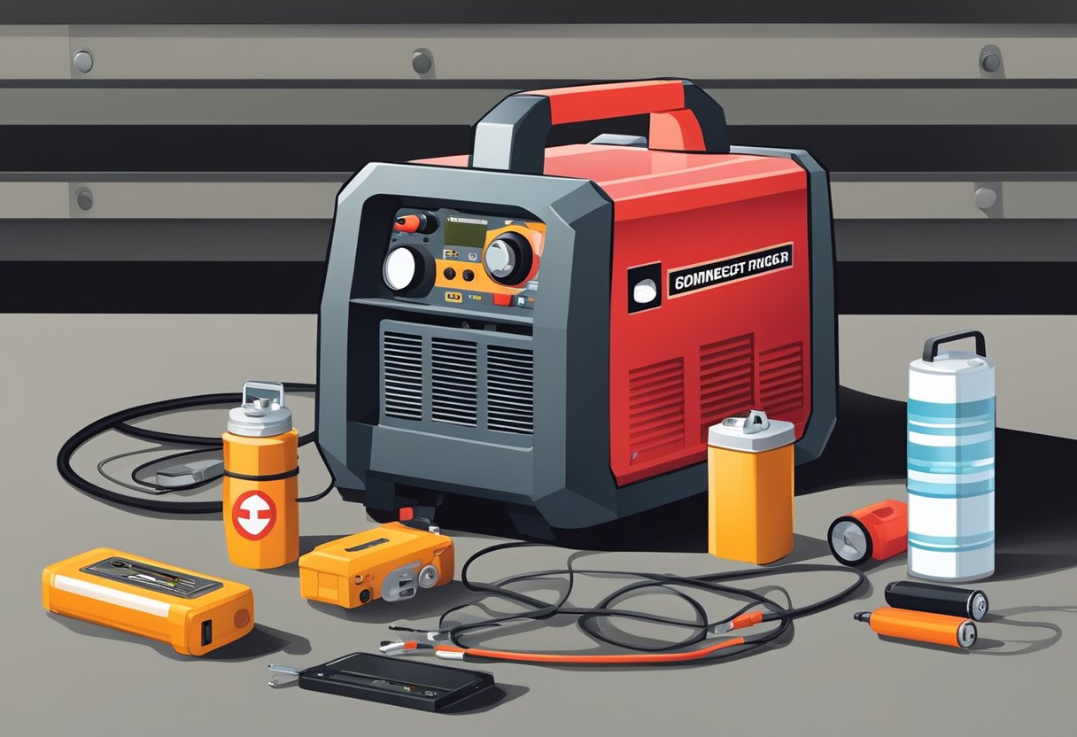 A portable generator sitting on a concrete pad, connected to a power cord and surrounded by emergency supplies such as flashlights, batteries, and a first aid kit