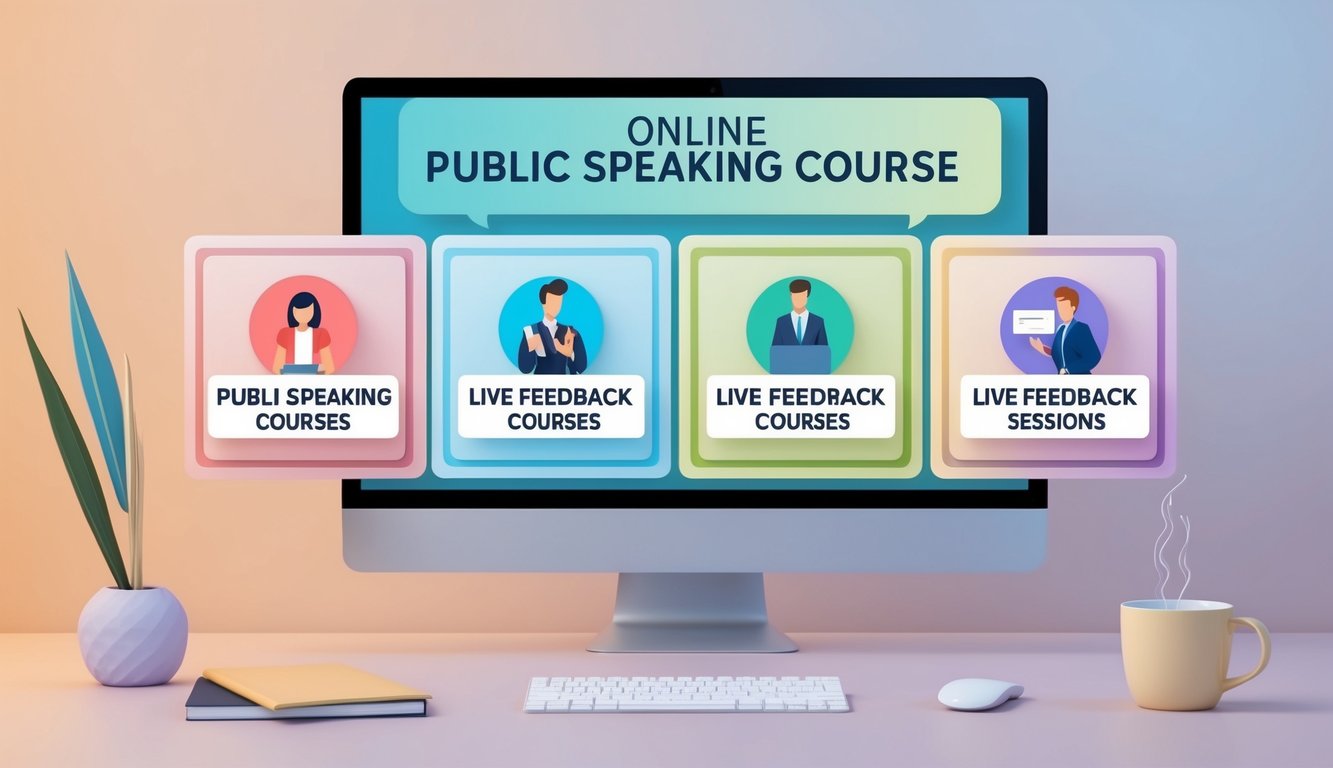 A computer screen displaying 6 online public speaking courses with live feedback sessions.</p><p>Icons representing each course are arranged in a grid