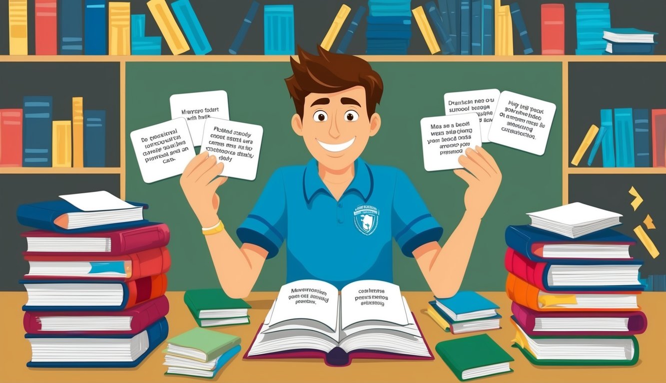 A high school student surrounded by books and flashcards, using a spaced repetition study technique to memorize information