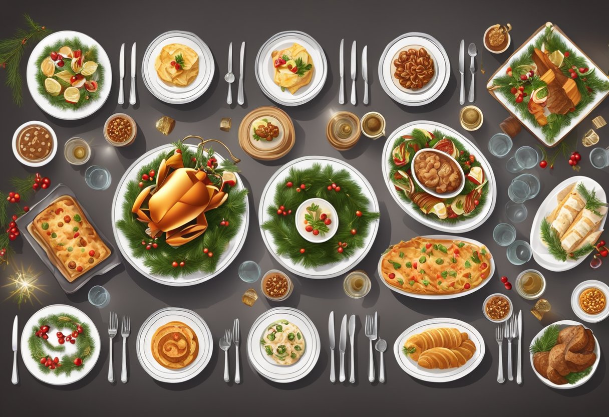 Uma mesa de banquete festiva com 10 receitas natalinas lindamente dispostos em elegantes travessas e cercada por decorações festivas