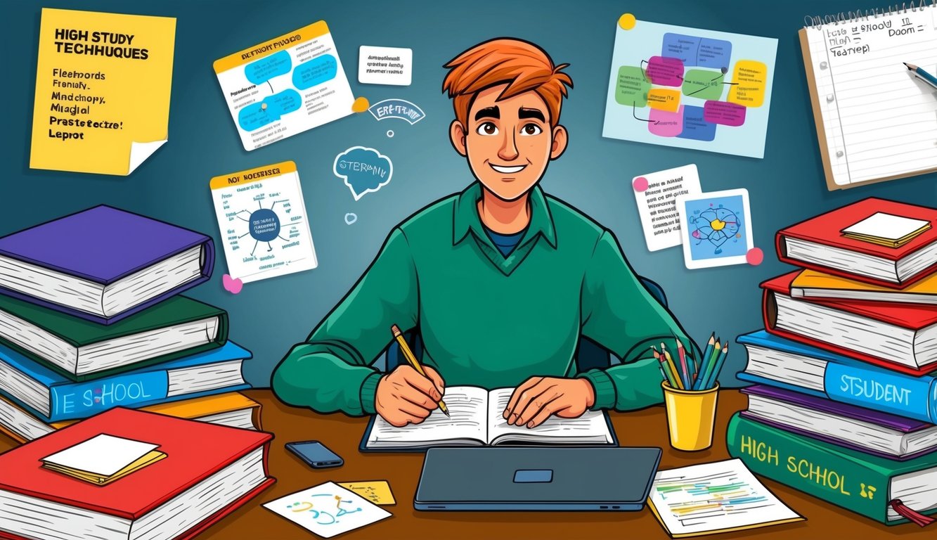 A high school student sits at a desk surrounded by textbooks, notes, and a laptop.</p><p>They are using various study techniques such as flashcards, mind maps, and practice quizzes to enhance their learning