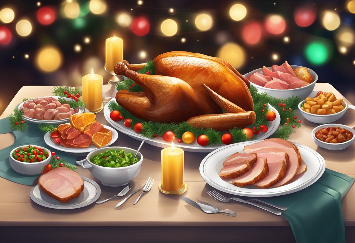 Uma mesa festiva decorada com uma variedade de receitas natalinas, incluindo peru assado, presunto glaceado e acompanhamentos saborosos, cercada por luzes cintilantes e decorações de feriado.