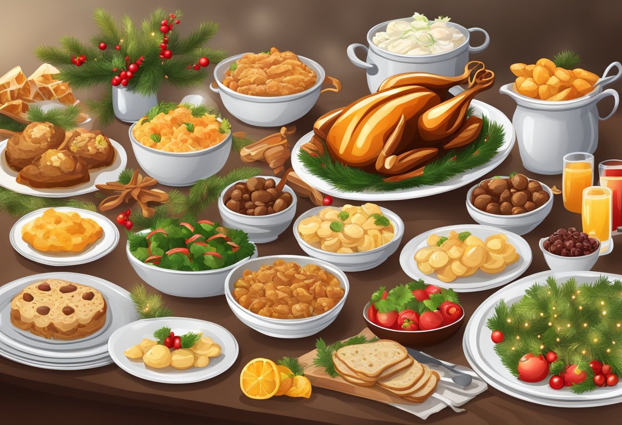 Uma mesa festiva decorada com uma variedade de receitas natalinas e acompanhamentos, lindamente arranjados e prontos para um banquete memorável.