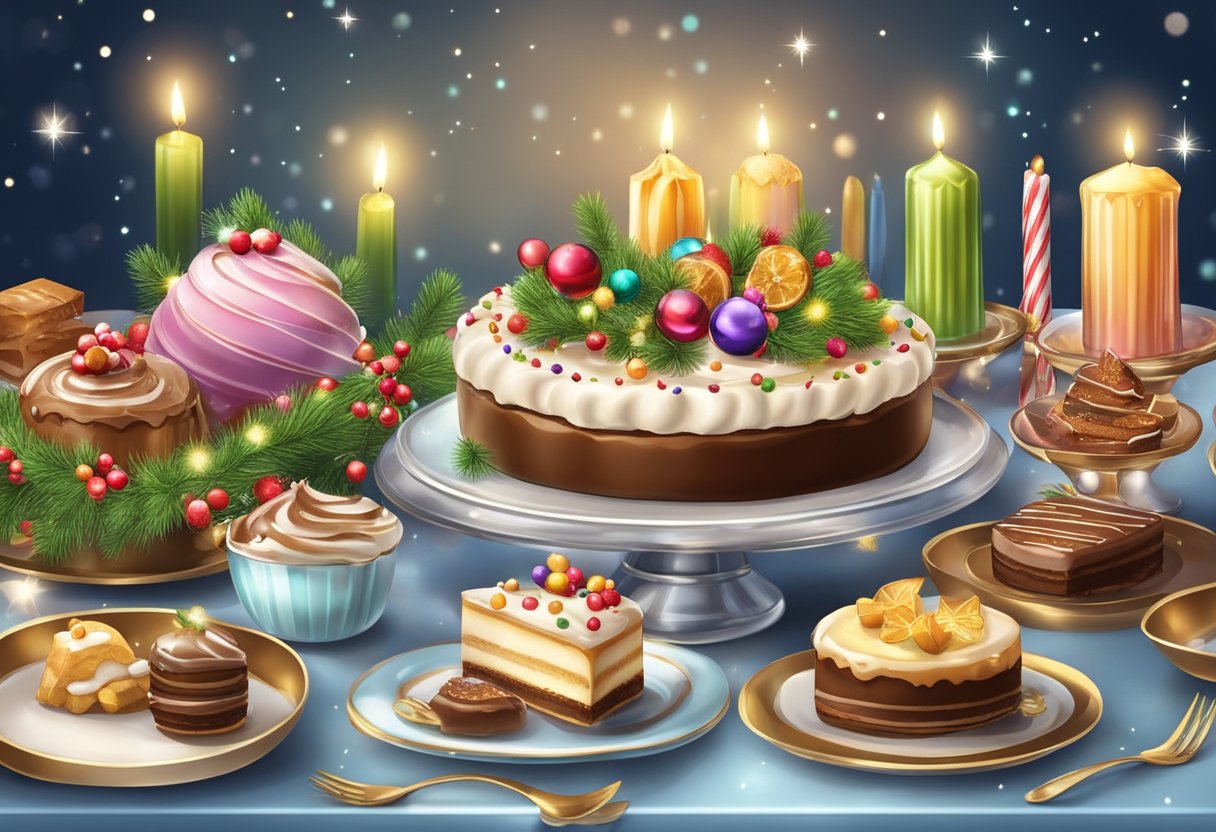 Uma mesa festiva decorada com 10 receitas natalinas, sobremesas de Natal decadentes, cercada por decorações coloridas e luzes piscantes