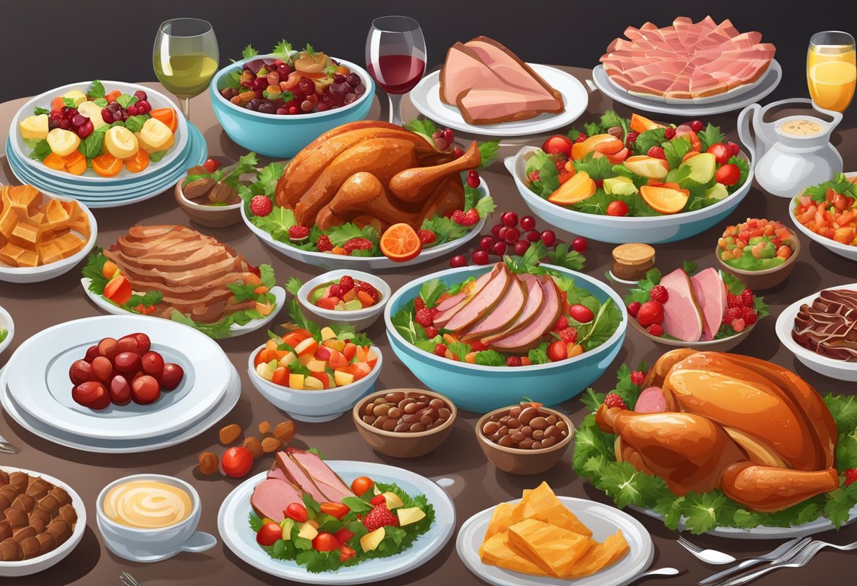 Uma mesa com pratos, festiva e adornada com uma variedade de pratos natalinos de dar água na boca, incluindo peru assado, presunto glaceado, saladas coloridas e sobremesas decadentes.