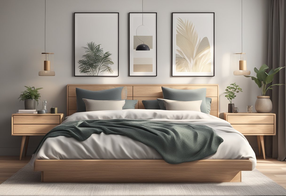 Two simple wooden bedside tables with clean lines and minimalistic design, placed on either side of a bed in a cozy bedroom setting - Affordable Bedside Tables