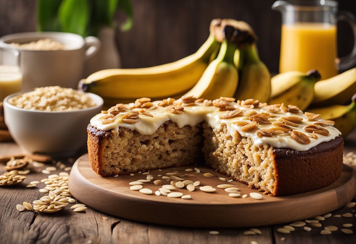 Um bolo rústico de banana e aveia esfriando em uma mesa de madeira, cercado por aveia espalhada e bananas maduras