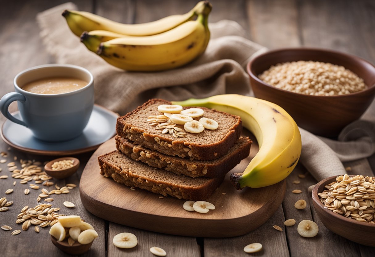 Uma mesa de madeira rústica com um bolo integral de banana e aveia recém-assado, cercada por bananas maduras espalhadas e uma tigela de aveia.